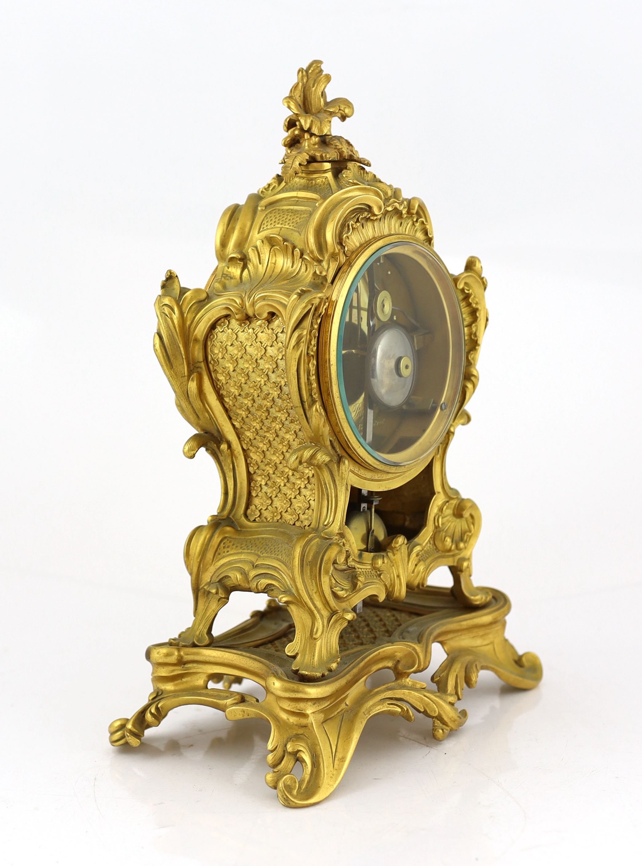 William Payne of 163 New Bond Street, London, a mid 19th century ormolu rococo revival mantel clock striking on a bell, 23cm wide, 15cm deep, 35cm high